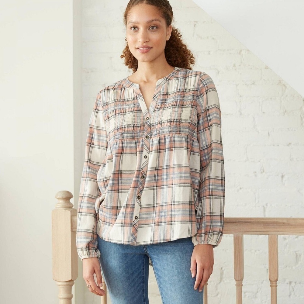 Knox Rose Peasant Plaid Long Sleeve Button-Down Blouse Shirt